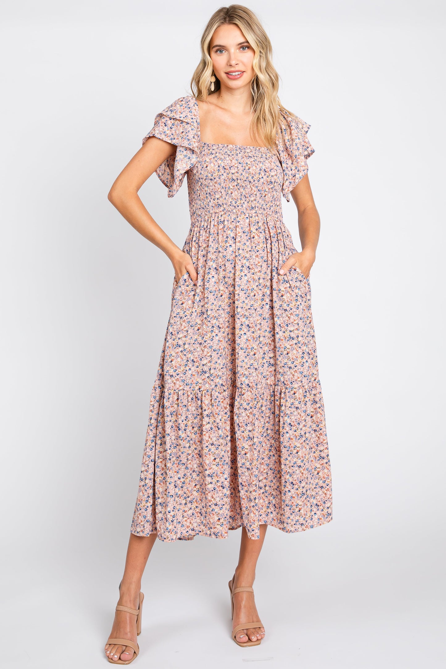 Light Pink Floral Flutter Maternity Midi Dress