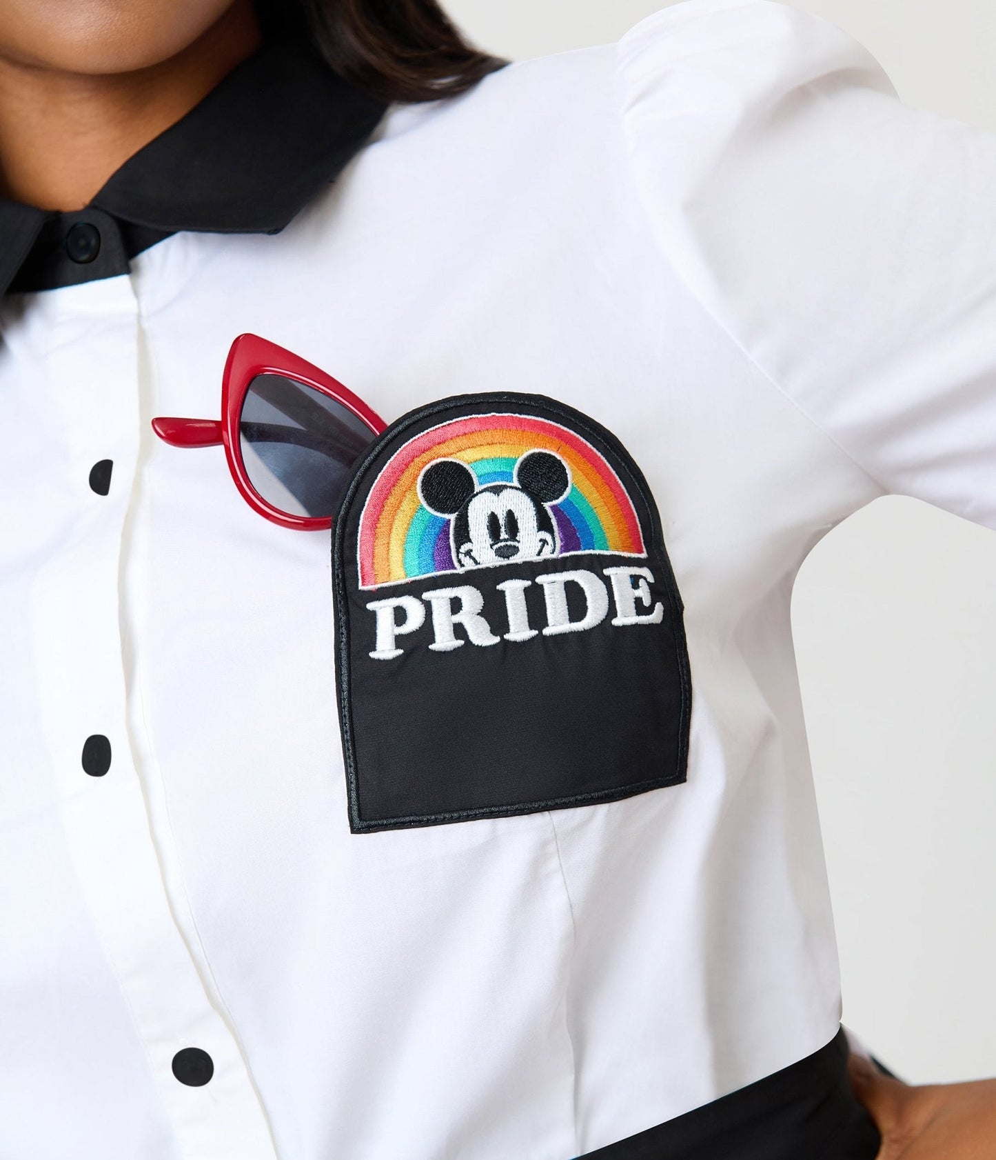 Disney Pride Collection by Unique Vintage Plus Size White Mickey Rainbow Pocket Collared Blouse