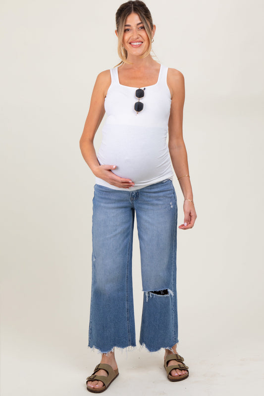 Blue Distressed Fringe Open Knee Cropped Wide Leg Maternity Jeans