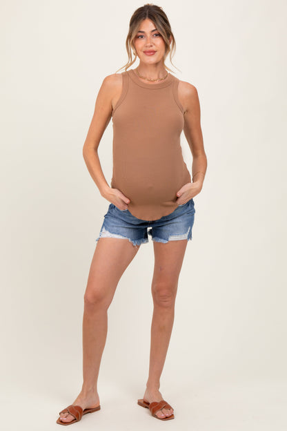 Navy Distressed Fringe Hem Maternity Jean Shorts
