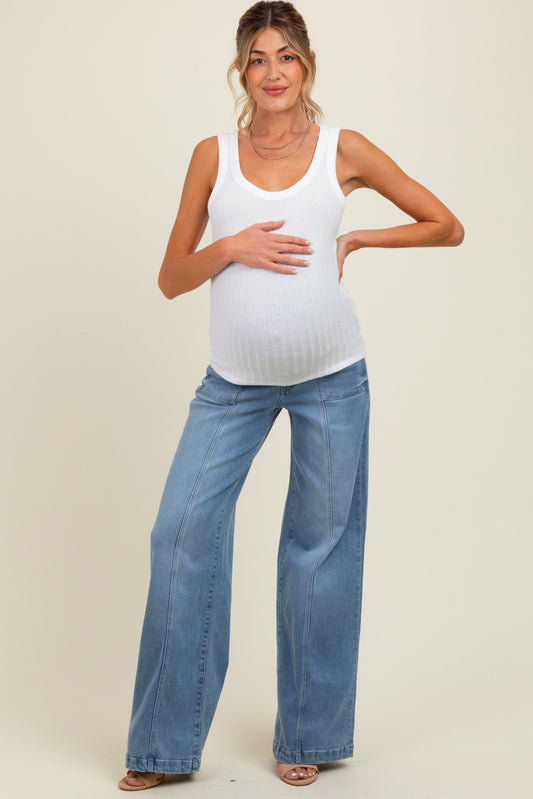 Blue Front Seam Super Wide Leg Maternity Jeans