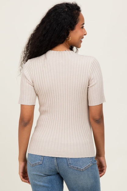 Cream Ribbed Mock Neck Knit Maternity Short Sleeve Top