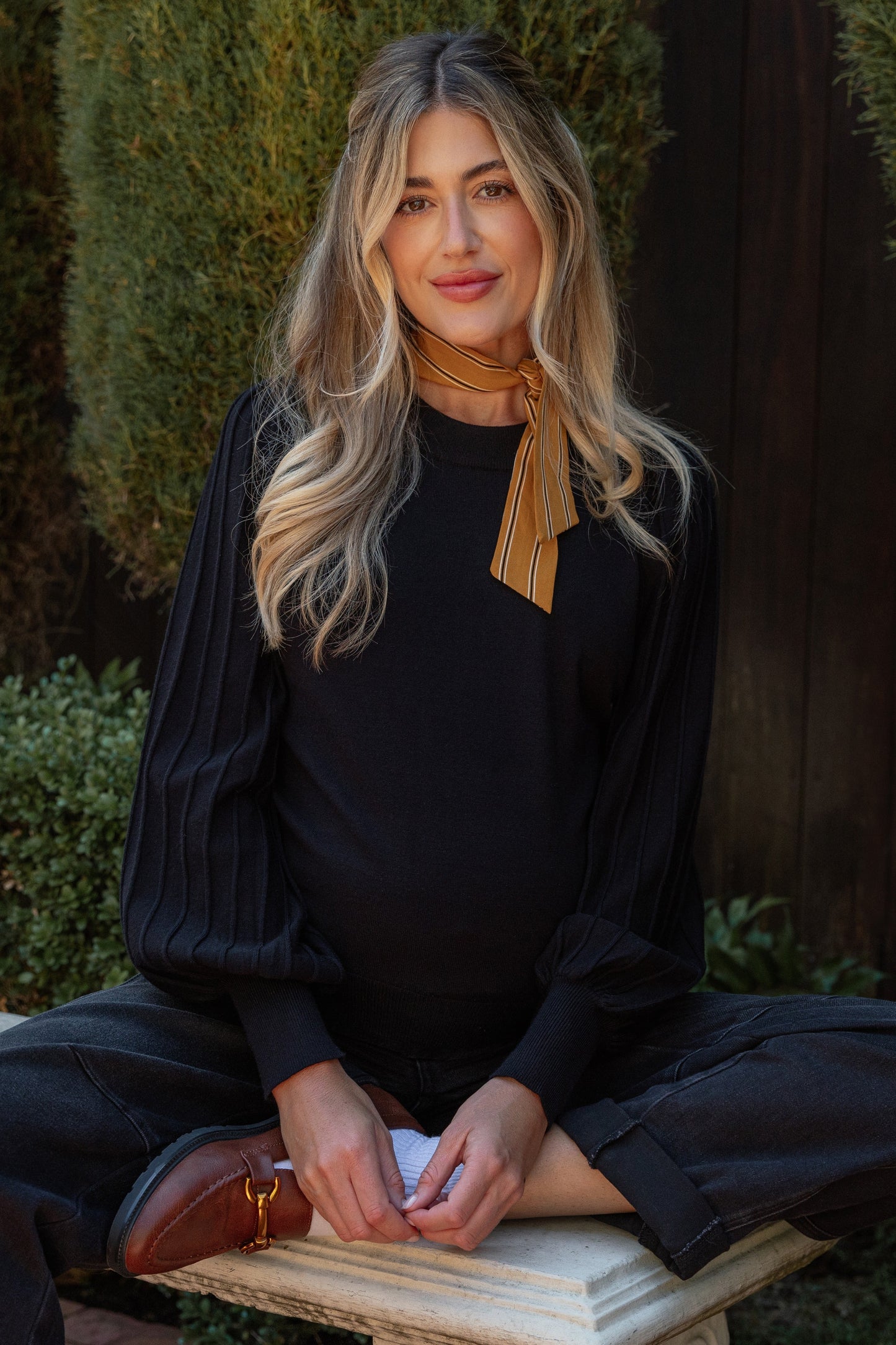 Black Ribbed Bubble Sleeve Maternity Knit Top