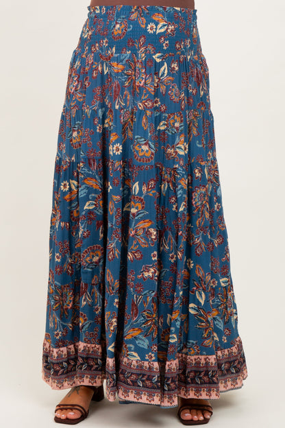 Dark Teal Smocked Waist Tiered Maternity Maxi Skirt