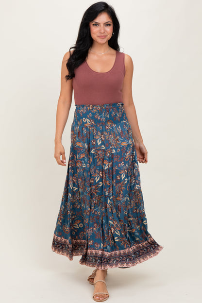 Dark Teal Smocked Waist Tiered Maternity Maxi Skirt
