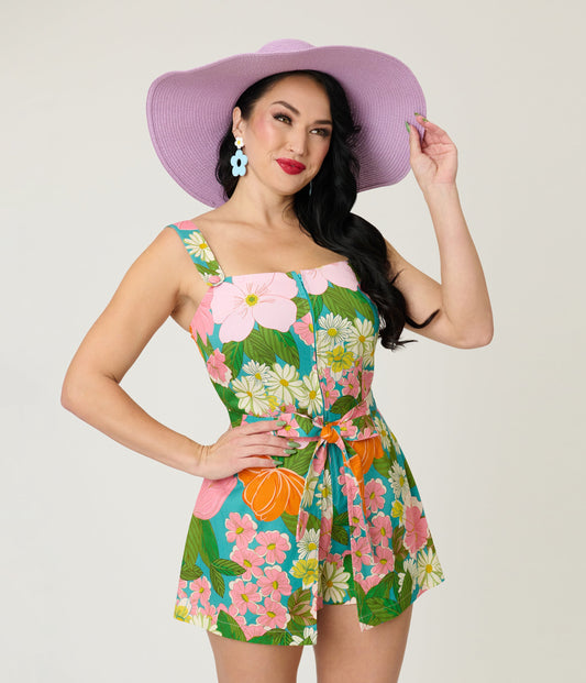 Smak Parlour Teal Floral Sweet & Sassy Skirted Cotton Romper