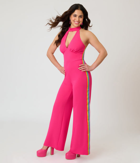 Smak Parlour Hot Pink Rainbow Stripe Glamour Goddess Jumpsuit