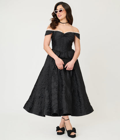Unique Vintage Black Floral Jacquard Off Shoulder Tea Length Gown