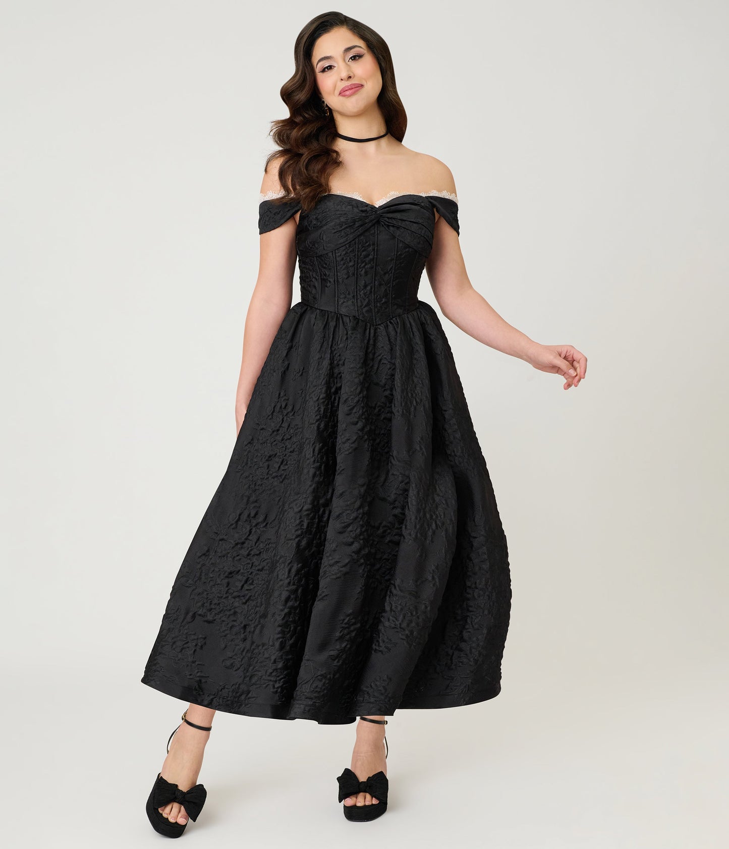 Unique Vintage Black Floral Jacquard Off Shoulder Tea Length Gown