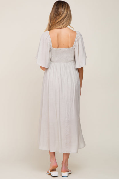 Grey Front Tie Ruffle Sleeve Maternity Midi Dress