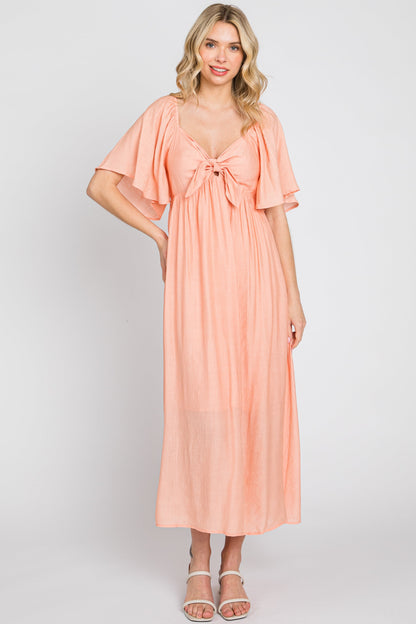 Peach Front Tie Ruffle Sleeve Maternity Midi Dress