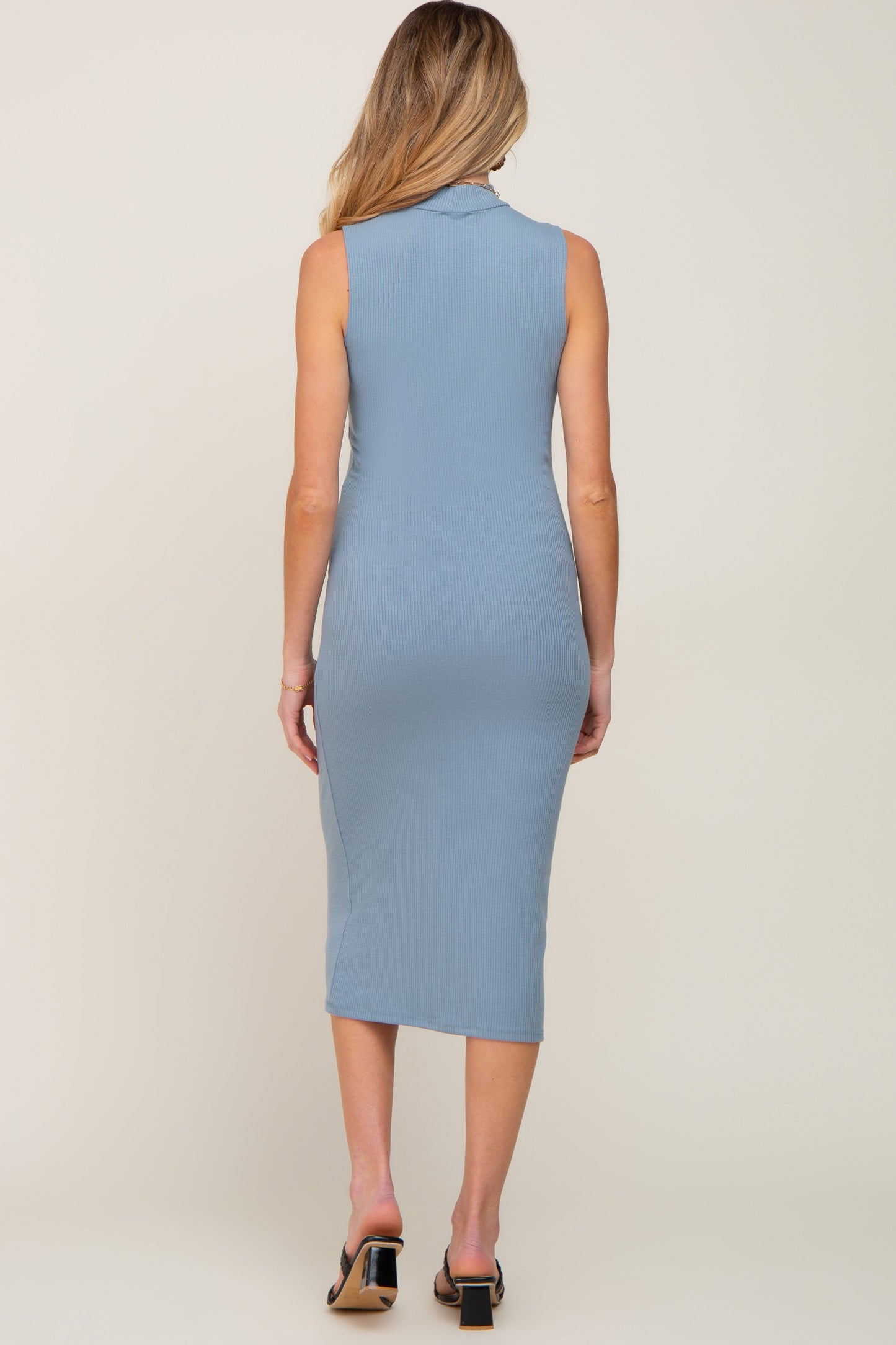 Blue Ribbed Sleeveless Mock Neck Maternity Midi Dress