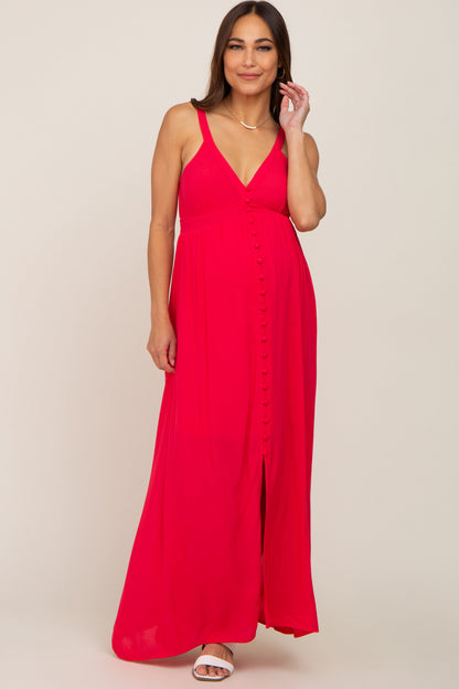 Fuchsia Button Front Accent Maternity Maxi Dress