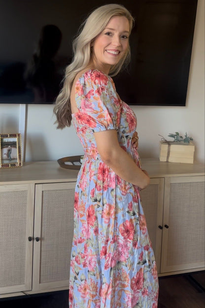 Blue Floral Smocked Square Neck Tiered Maternity Maxi Dress