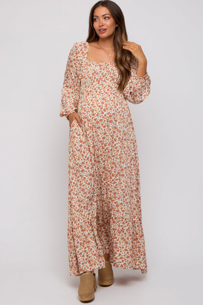 Cream Floral Square Neck Ruffle Maternity Maxi Dress