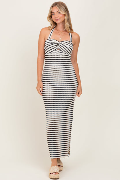 Ivory Striped Twist Front Halter Maternity Midi Dress