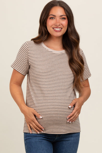 Beige Striped Short Sleeve Maternity Top