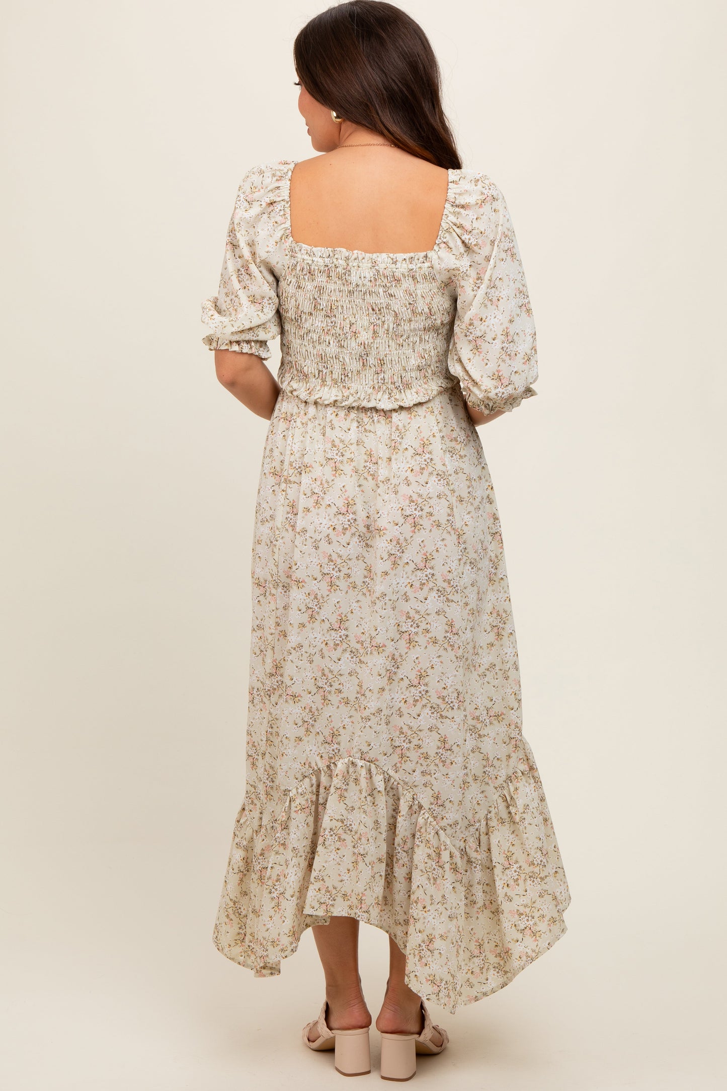 Light Olive Smocked Handkerchief Hem Maternity Dress