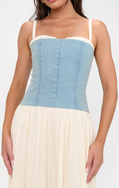 Tiffany Maxi Dress ~ Light Indigo with Cream Voile