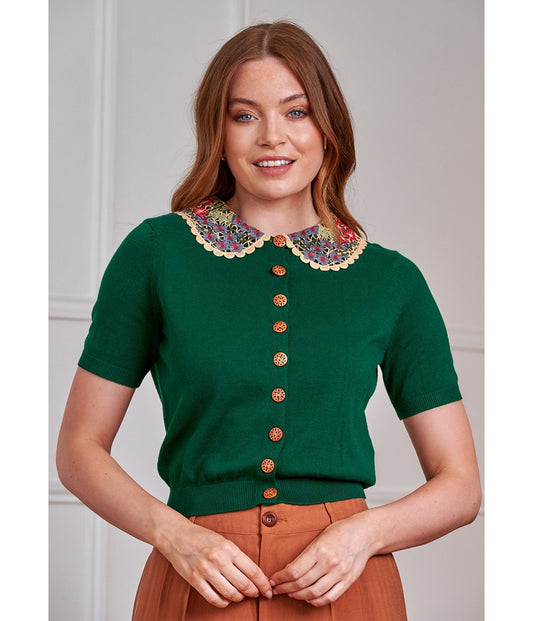 Banned Green Polly Floral Collar Cardigan