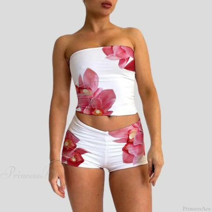 Beach Vacation Lounge Oufits 2 Pice Set Flower Print Strapless Crop Tube Tops Bandeau + Skinny Mini Skirt Wrap Bodycon Women