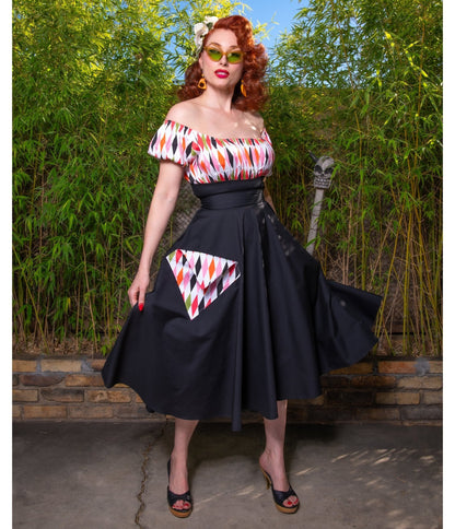 Black Harlequin Pocket Swing Skirt