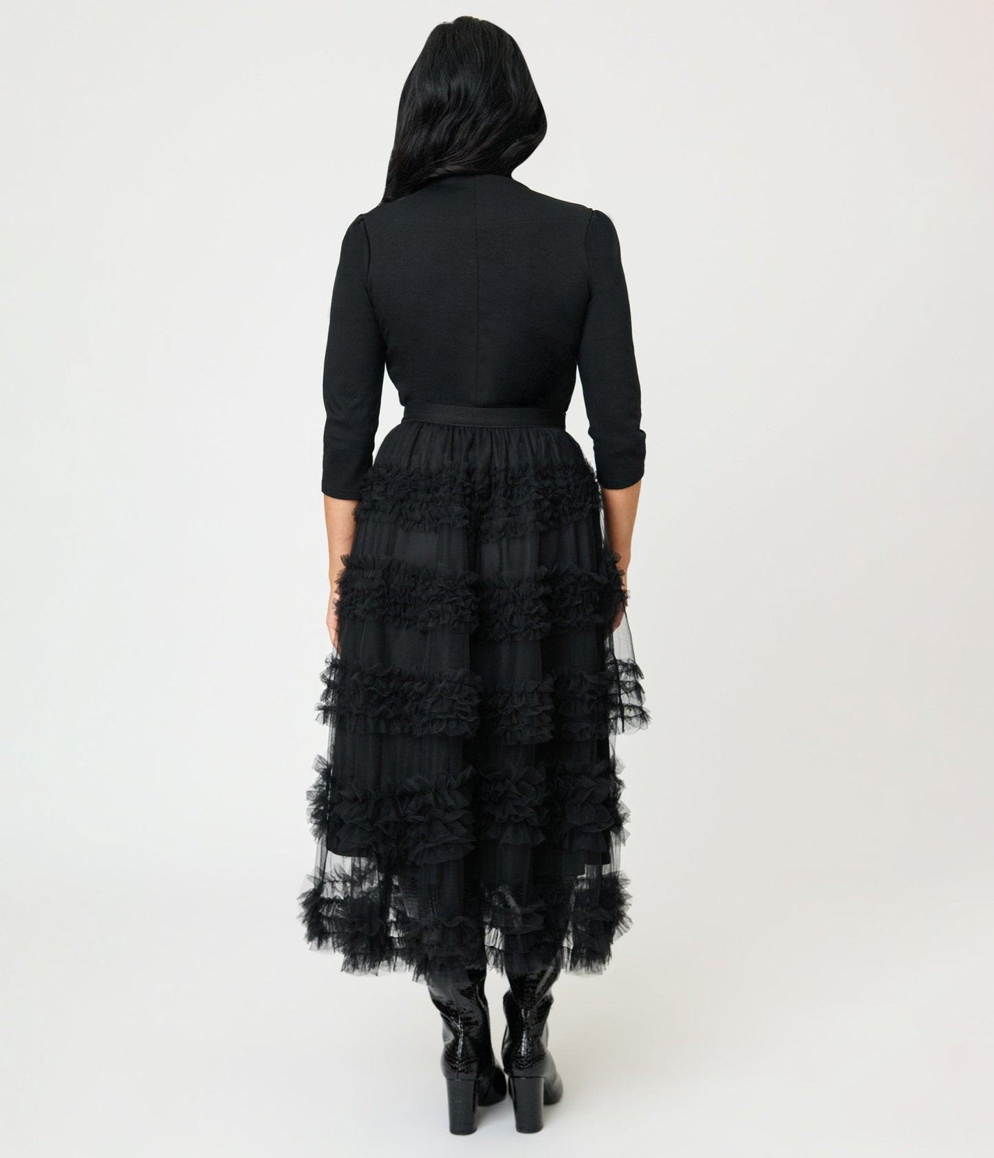 Black Mesh Ruffled Tier Midi Skirt