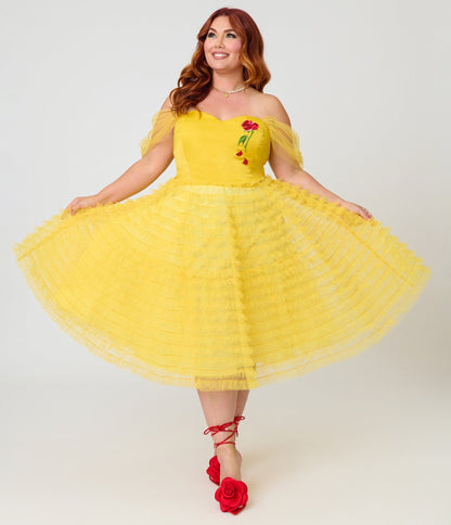 Disney Beauty & the Beast Collection by Unique Vintage Plus Size Yellow Mesh Tulle Belle Swing Dress