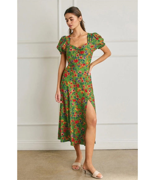 Green Floral Print Puff Sleeve Midi Dress