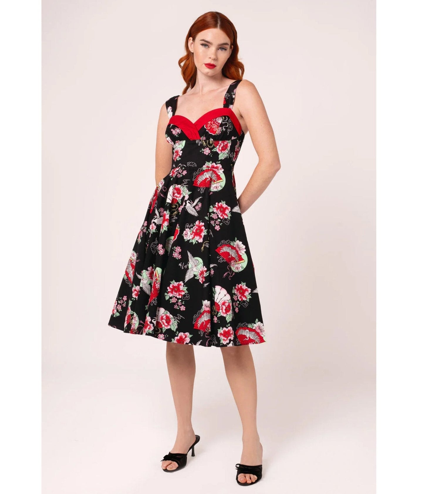 Hell Bunny Black & Red Floral Sweetheart Swing Dress