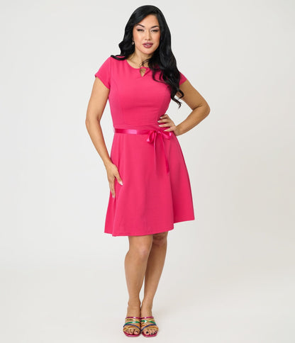 Hot Pink Swing Dress With Belt Trim