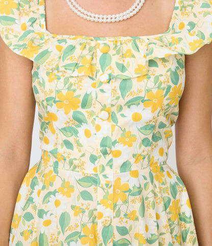 Magnolia Place Yellow Floral Cotton Barbara Swing Dress