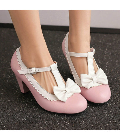 Pink with White Bow T-Strap Heels