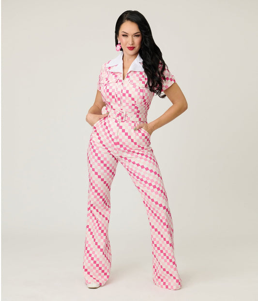 Smak Parlour Pink Checkerboard Flare Jumpsuit