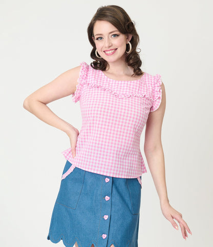 Smak Parlour Pink Gingham Ruffle Cotton Blouse