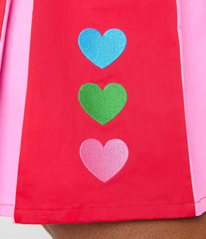 Smak Parlour Plus Size Red & Pink Rainbow Heart Pleated Mini Skirt