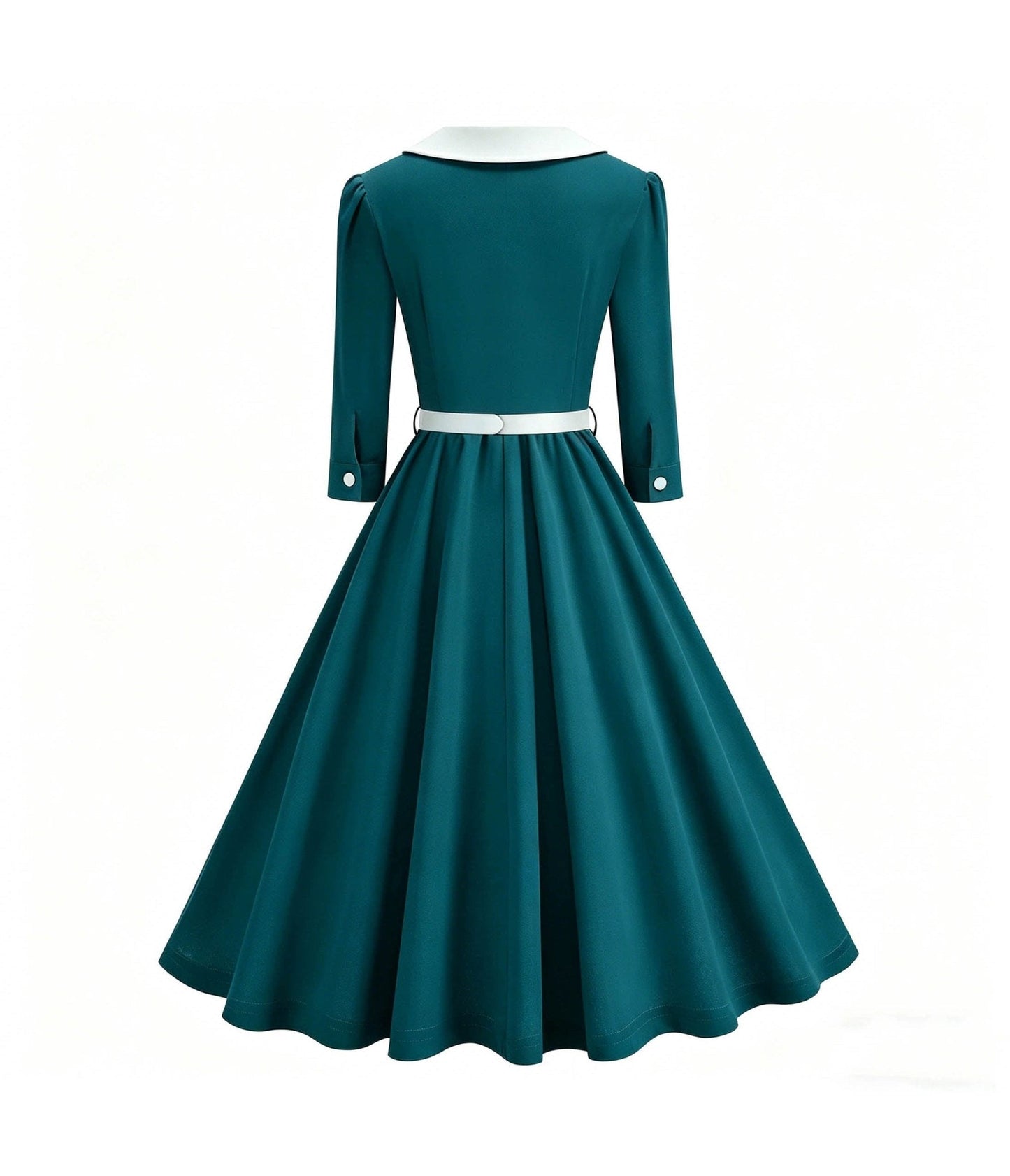 Teal & White Collared Three Quarter Sleeve Swing Dress