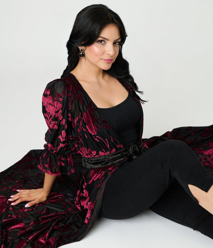 Unique Vintage Black & Berry Floral Velvet Burnout Duster