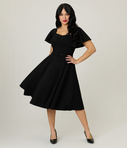 Unique Vintage Black Flutter Sleeve Swing Dress
