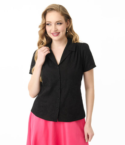 Unique Vintage Black Jacquard Notched Collar Blouse