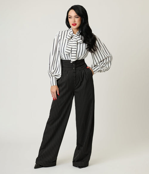 Unique Vintage Black Pinstripe High Waist Trousers