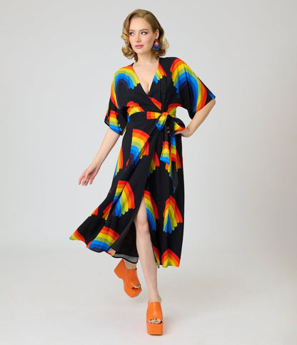 Unique Vintage Black Rainbow Wrap Midi Dress