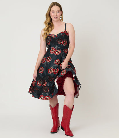 Unique Vintage Black & Rose Print Fringe Girlie Swing Dress