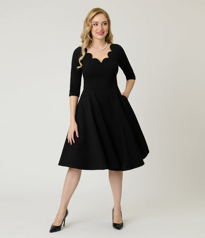 Unique Vintage Black Scalloped Neck Swing Dress