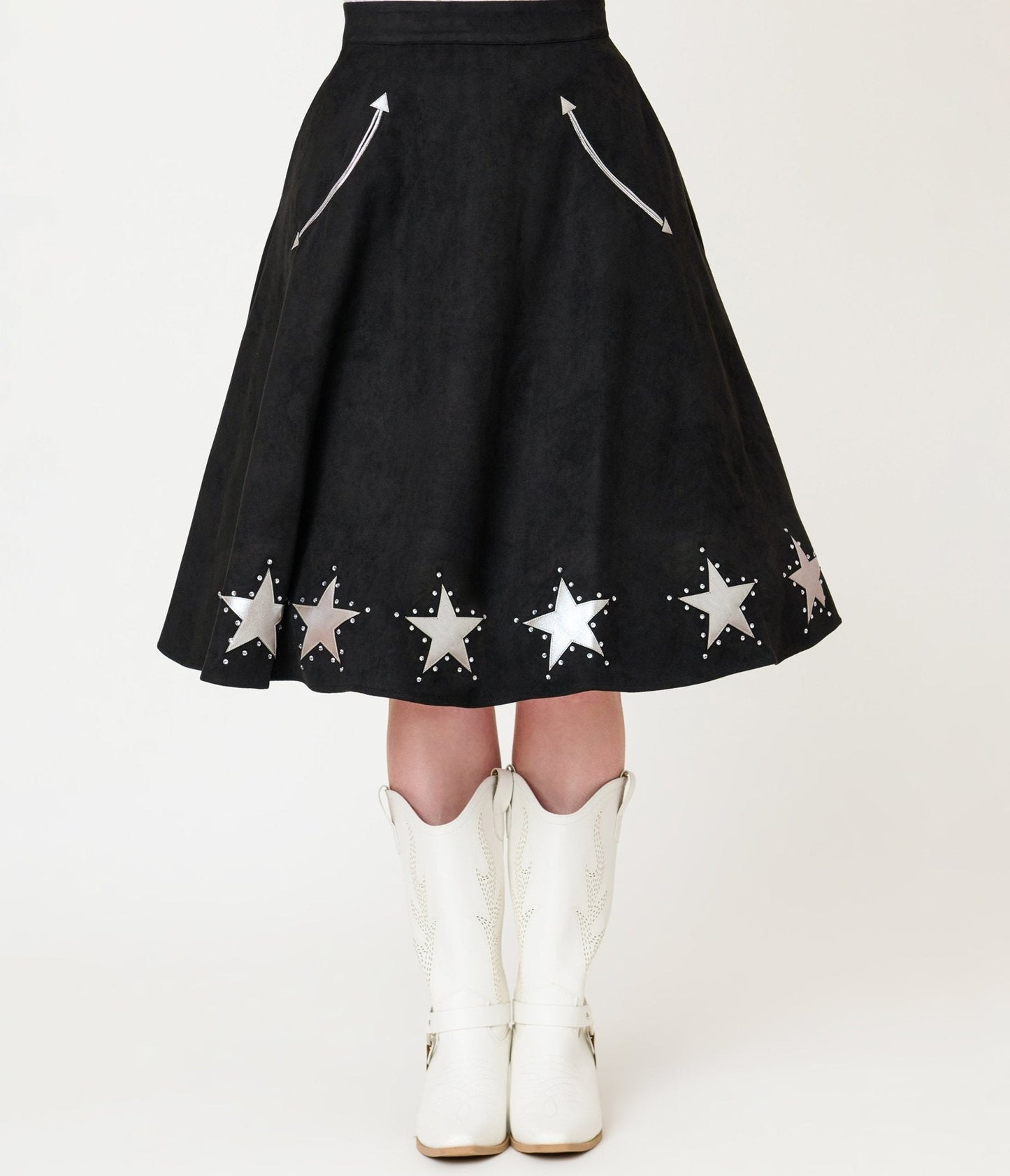 Unique Vintage Black & Silver Rhinestone Stars Western Suede Swing Skirt