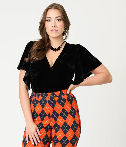 Unique Vintage Black Velvet Flutter Sleeve Top