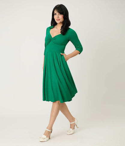 Unique Vintage Green Bengaline Front Twist Swing Dress
