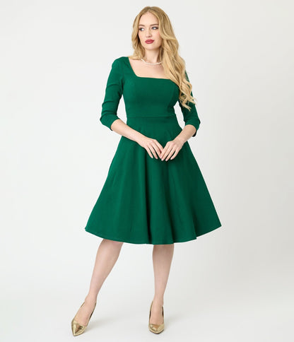 Unique Vintage Green Square Neck Swing Dress