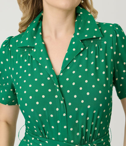 Unique Vintage Green & White Dot Flare Jumpsuit