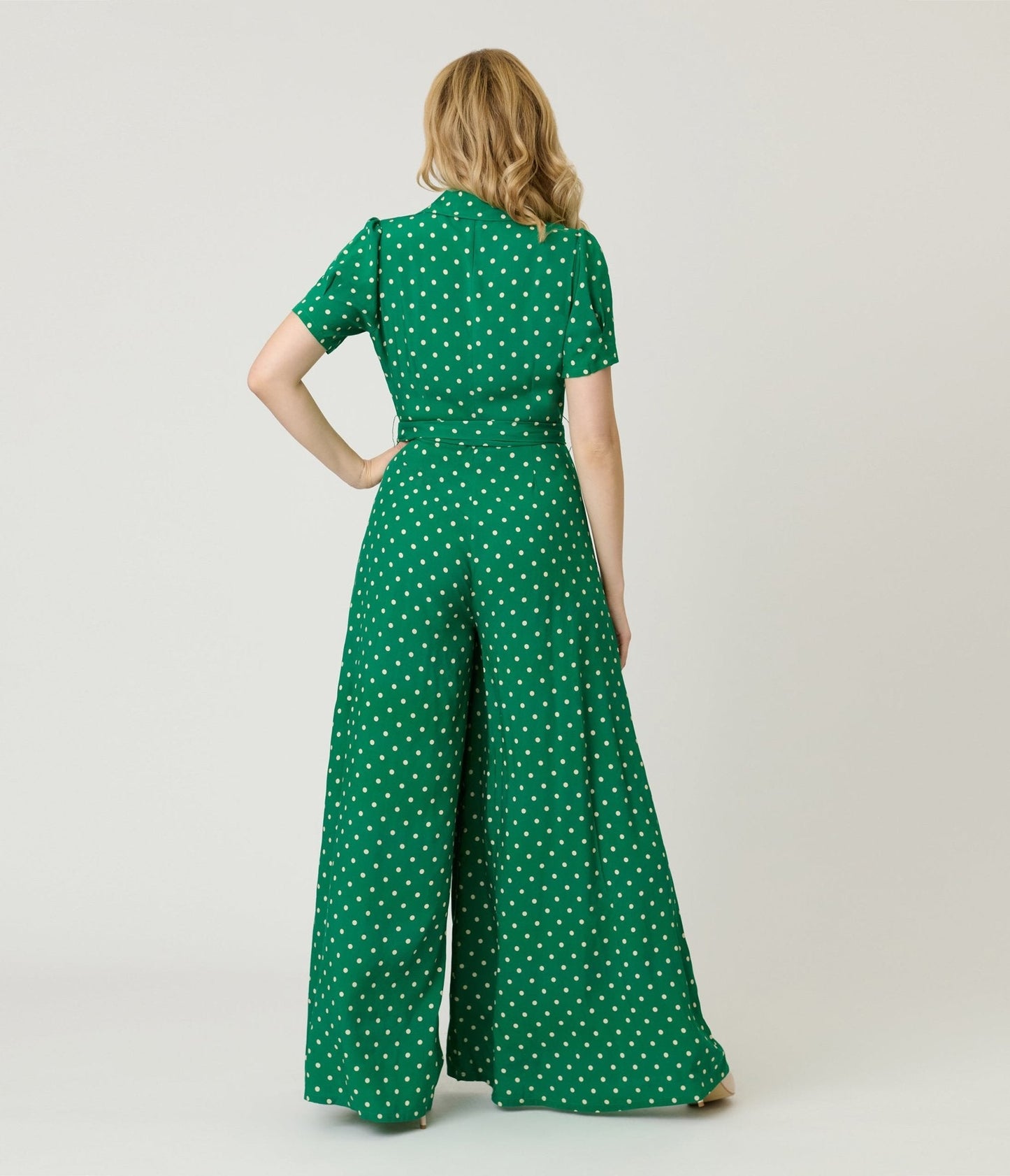 Unique Vintage Green & White Dot Flare Jumpsuit